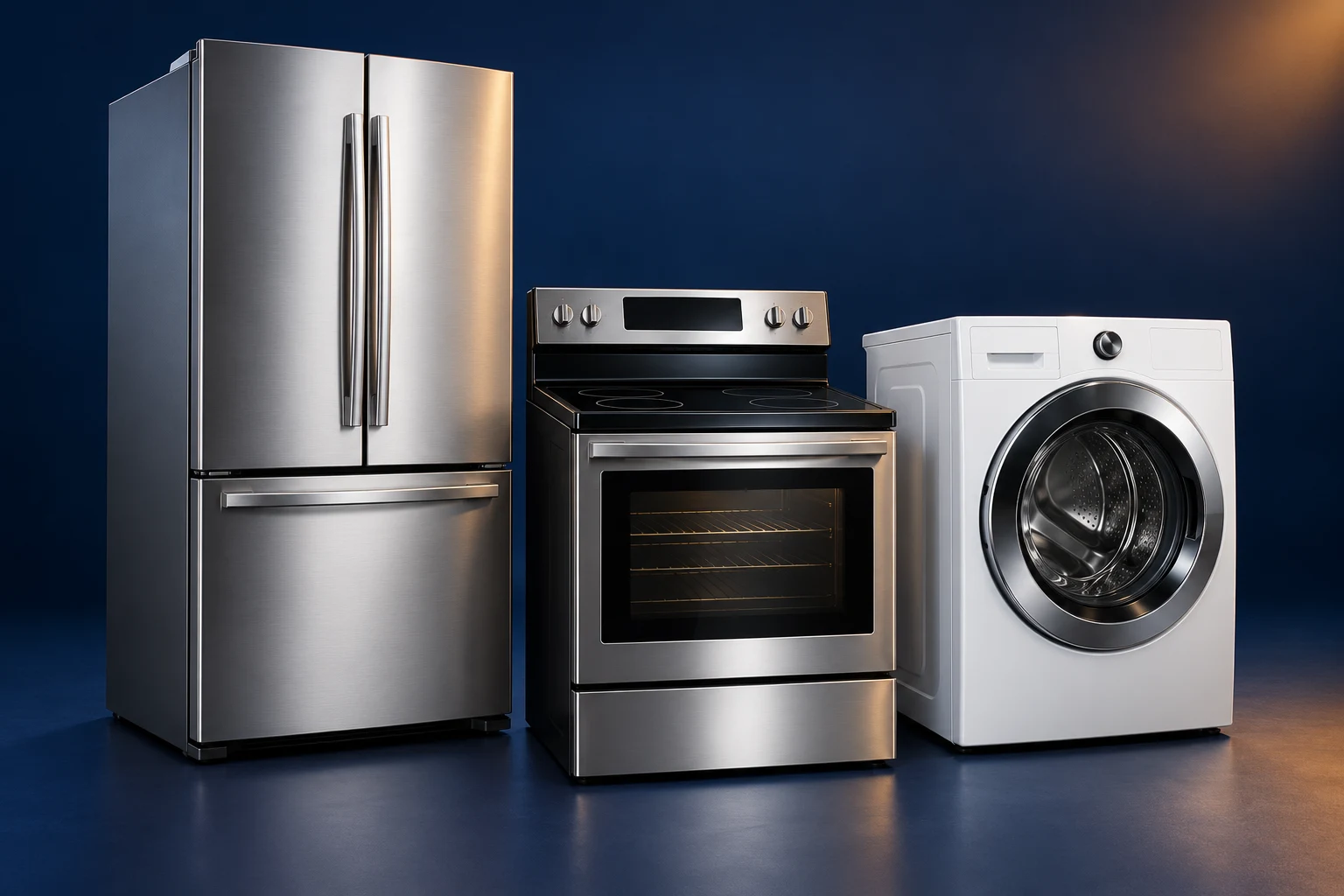 Illustrative studio image of a refrigerator, range and washer
